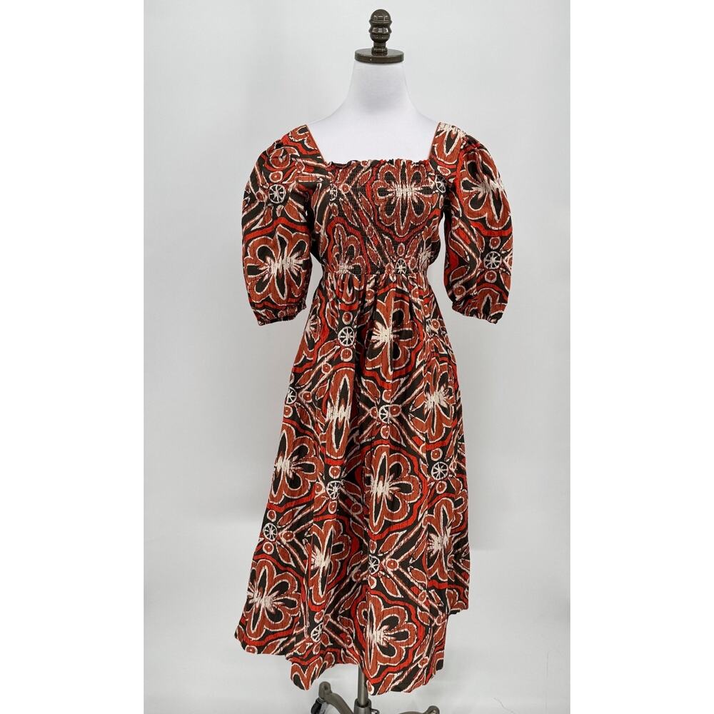 The Odells Terracotta Brown Floral Cotton Puff Sleeve Midi Bridget Dress Sz S
